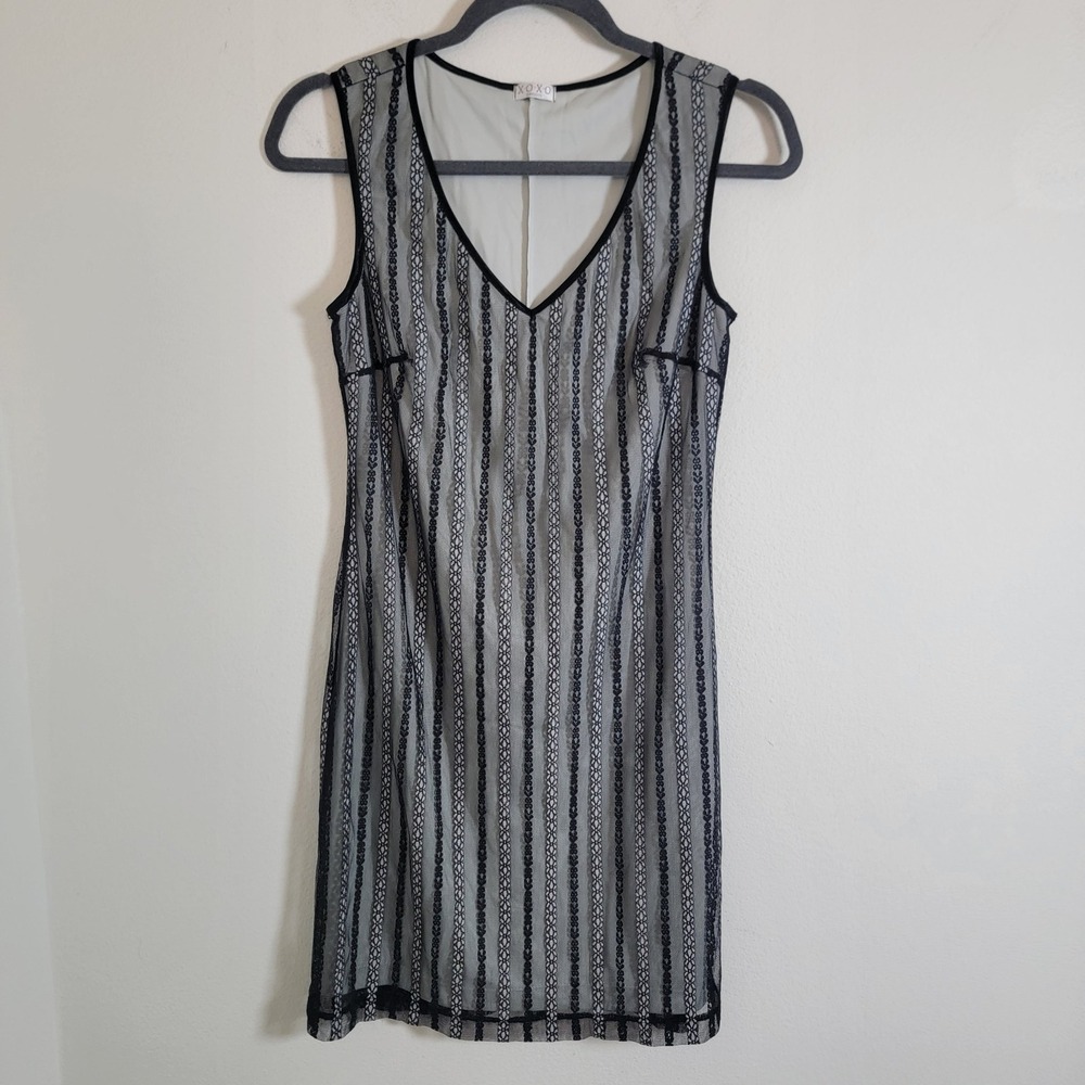 XOXO VTG‎ 90s Black White Striped Lace Overlay Sheath Dress V-Neck Whimsigoth